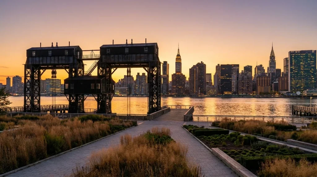 Queens LIC waterfront walking route - gantry park skyline editorial