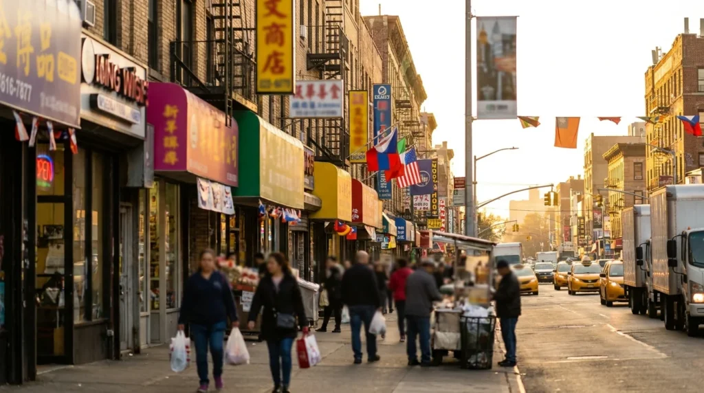 Queens NYC neighborhood street — diverse commercial district editorial