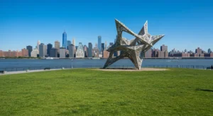 Large outdoor sculpture on the waterfront at Socrates Sculpture Park Long Island City Queens