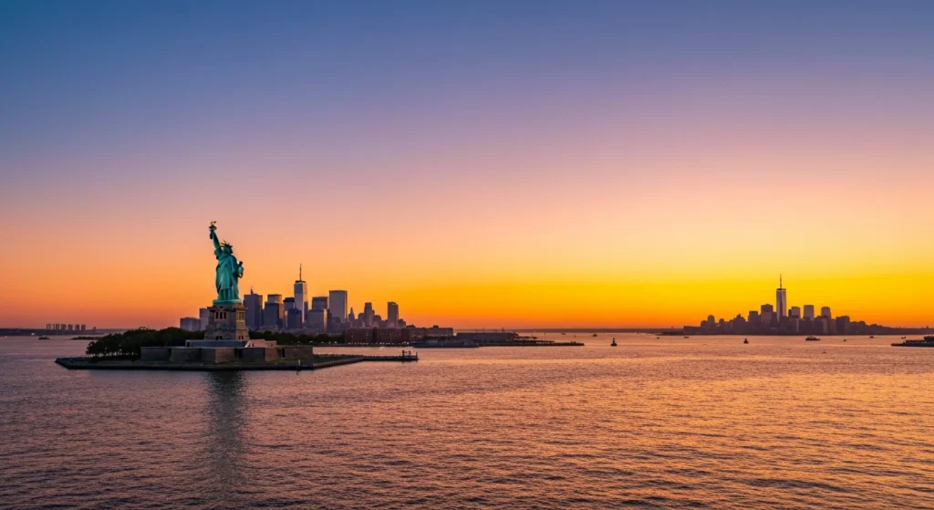 View of the Statue of Liberty from the Staten Island Ferry at sunset