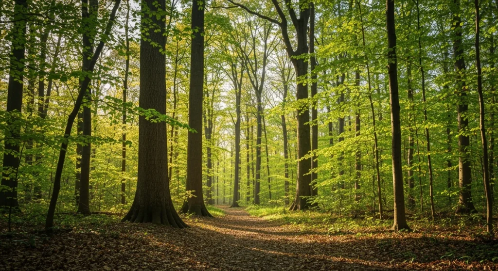 Forest trail through the Staten Island Greenbelt on a sunny spring day