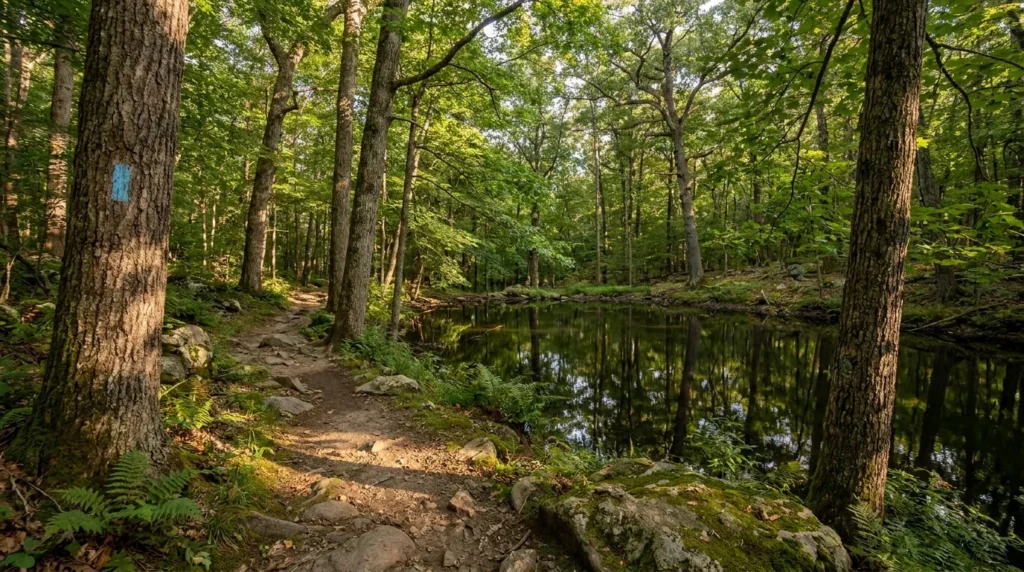 Staten Island Greenbelt trail walking route - forested hiking path editorial