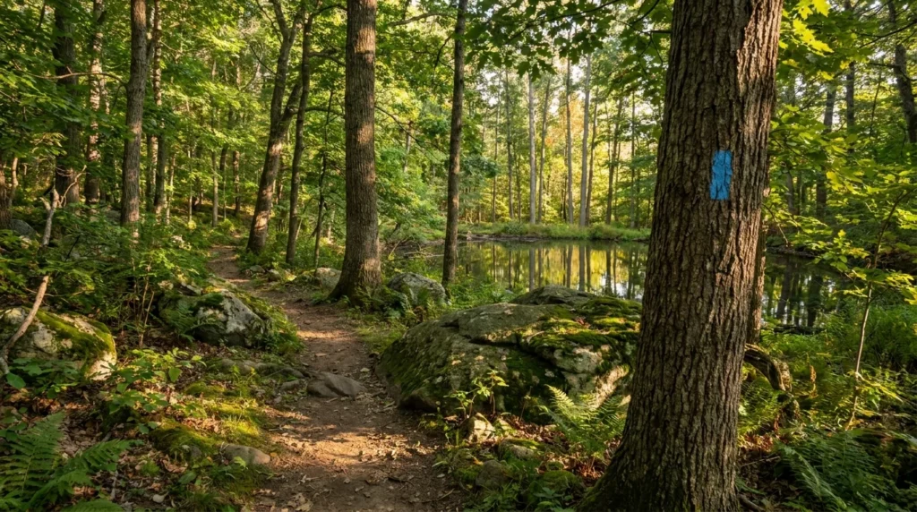 Staten Island Greenbelt trail walking route - forested hiking path editorial