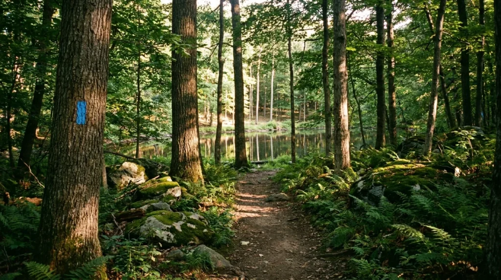 Staten Island Greenbelt trail walking route - forested hiking path editorial