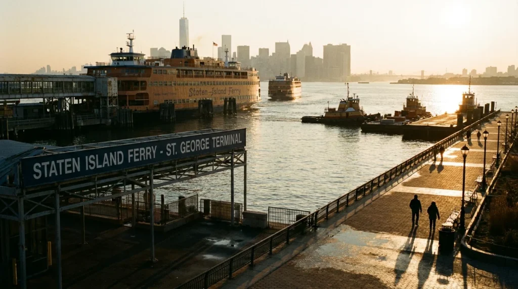 Staten Island waterfront — harbor view with Manhattan skyline editorial