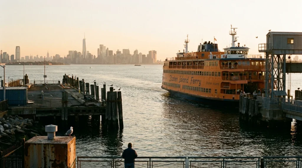 Staten Island waterfront — harbor view with Manhattan skyline editorial