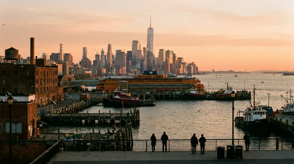 Staten Island waterfront — harbor view with Manhattan skyline editorial