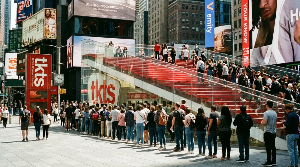 TKTS discount ticket booth at the iconic red glass steps in Times Square NYC