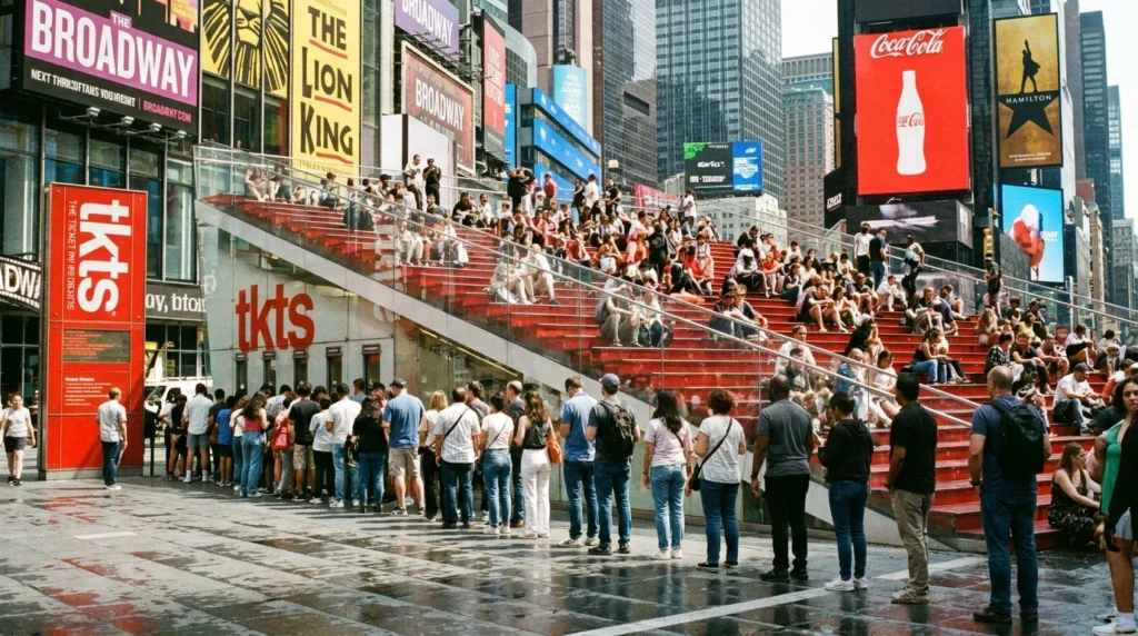 TKTS discount ticket booth at the iconic red glass steps in Times Square NYC