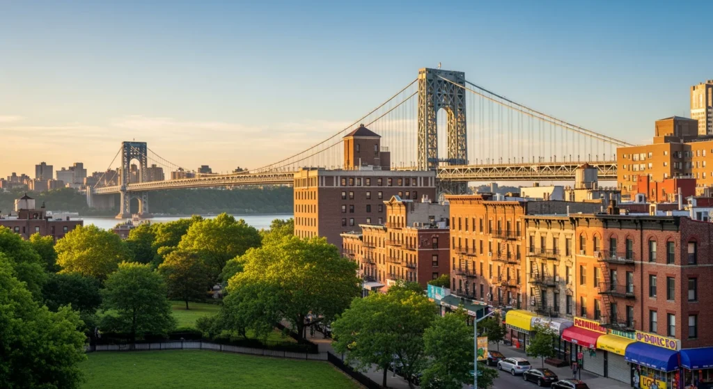 Scenic view of Washington Heights neighborhood in upper Manhattan showing the George Washington Bridge, pre-war apartment buildings, and tree-lined streets at golden hour