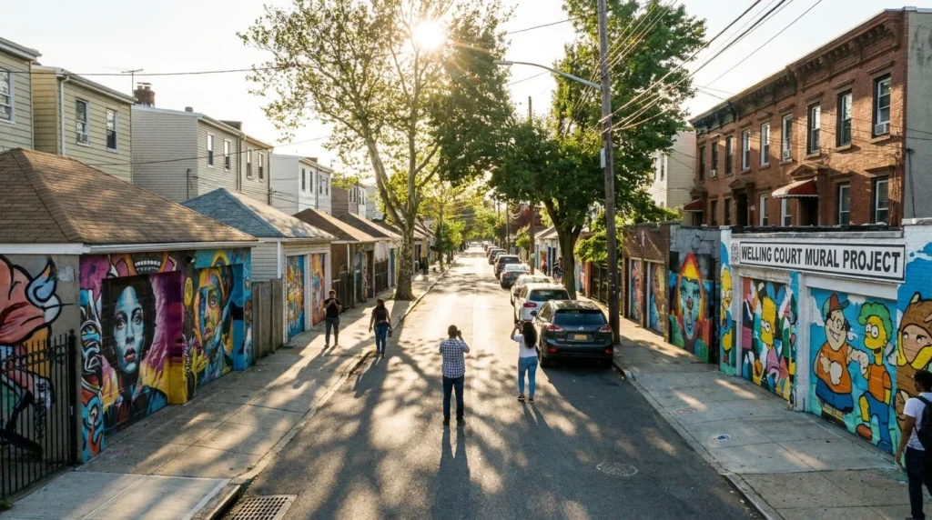 Long perspective of a residential Queens street with murals on every garage door