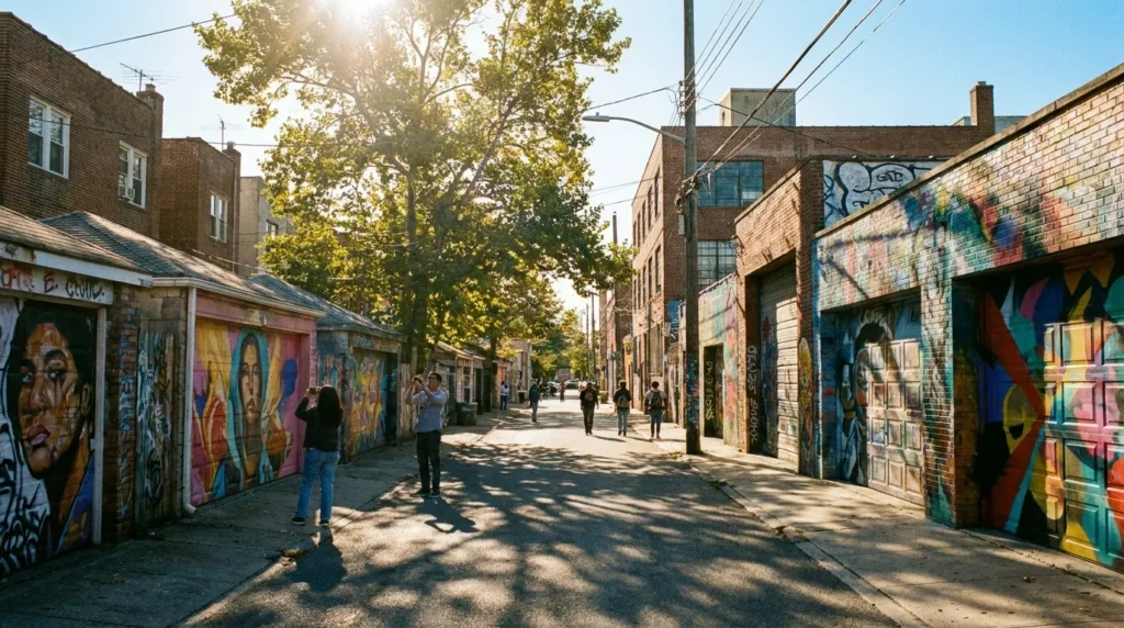 Long perspective of a residential Queens street with murals on every garage door