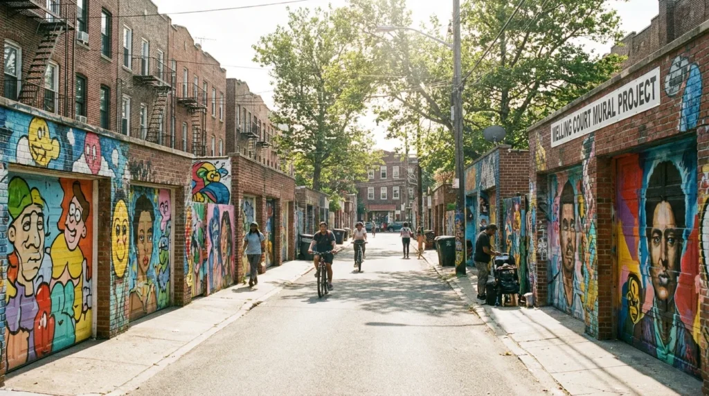 Long perspective of a residential Queens street with murals on every garage door