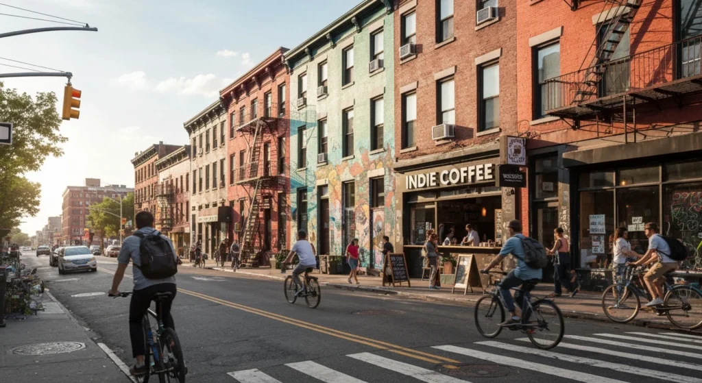 Williamsburg Brooklyn street with murals and indie shops on a sunny day