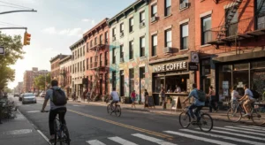 Williamsburg Brooklyn street with murals and indie shops on a sunny day