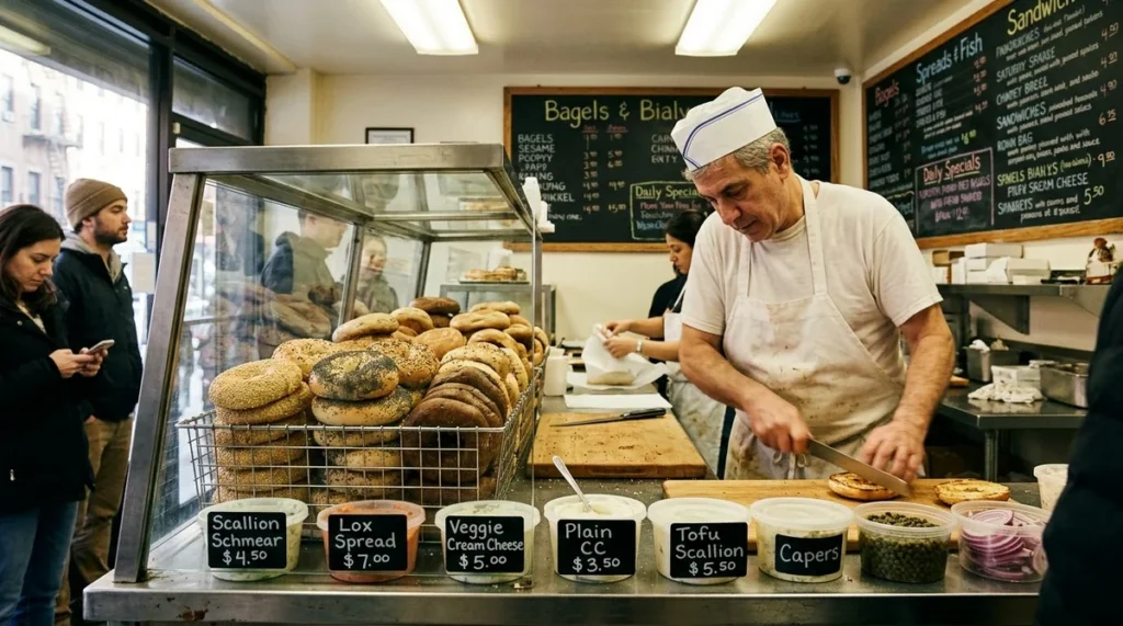 A New York City bagel counter with a counterman in a white apron slicing a bagel, wire baskets of sesame, poppy, everything, and plain bagels, and labeled schmear tubs for scallion, lox, veggie, plain, and tofu scallion cream cheese.